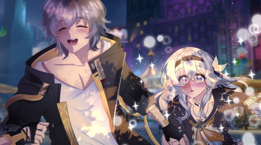 trailblazer, firefly, and caelus (honkai and 1 more) drawn by muffywaifu