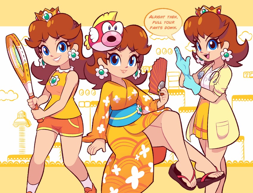 princess daisy, cheep cheep, and dr. daisy (mario and 6 more) drawn by starbirbz