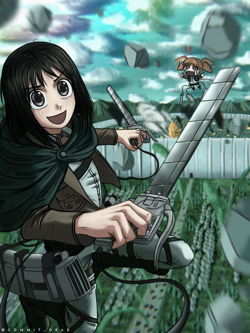 kasuga ayumu, mihama chiyo, and mihama chiyo's father (shingeki no kyojin and 1 more) drawn by commit_dead