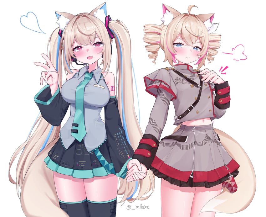 hatsune miku, kasane teto, fuwawa abyssgard, and mococo abyssgard (hololive and 4 more) drawn by miixxc