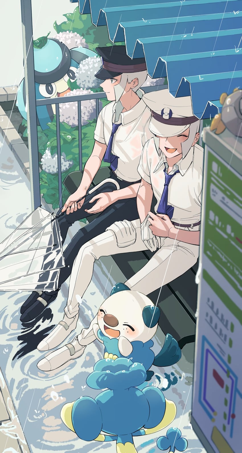 oshawott, ingo, emmet, panpour, dwebble, and 1 more (pokemon and 1 more) drawn by moriyuisu
