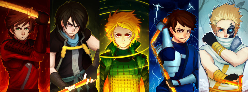 jay, cole, zane, kai, and lloyd garmadon (the lego group and 1 more) drawn by erraday