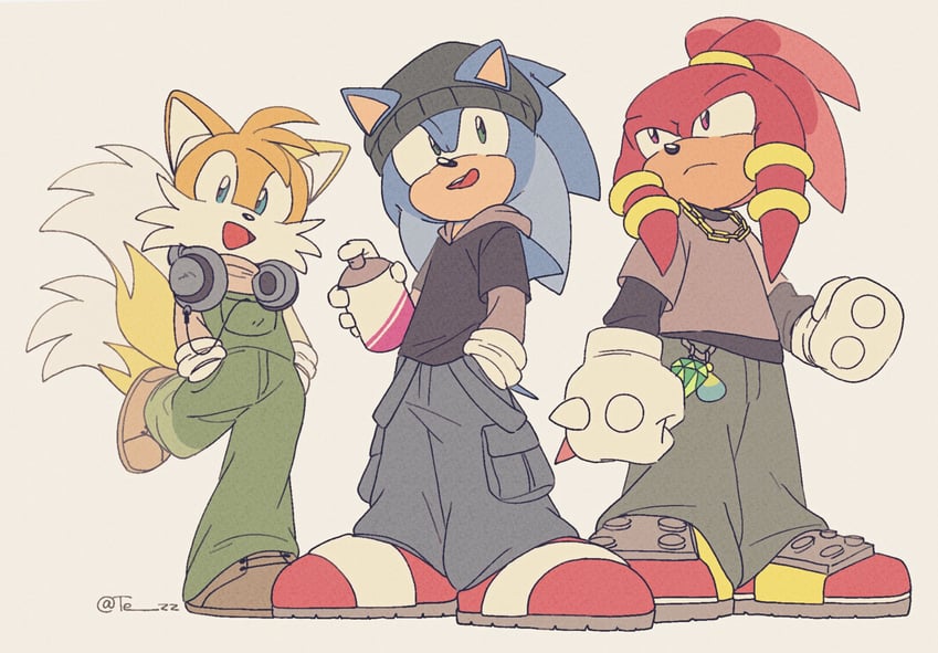 sonic the hedgehog, tails, and knuckles the echidna (sonic) drawn by tezz