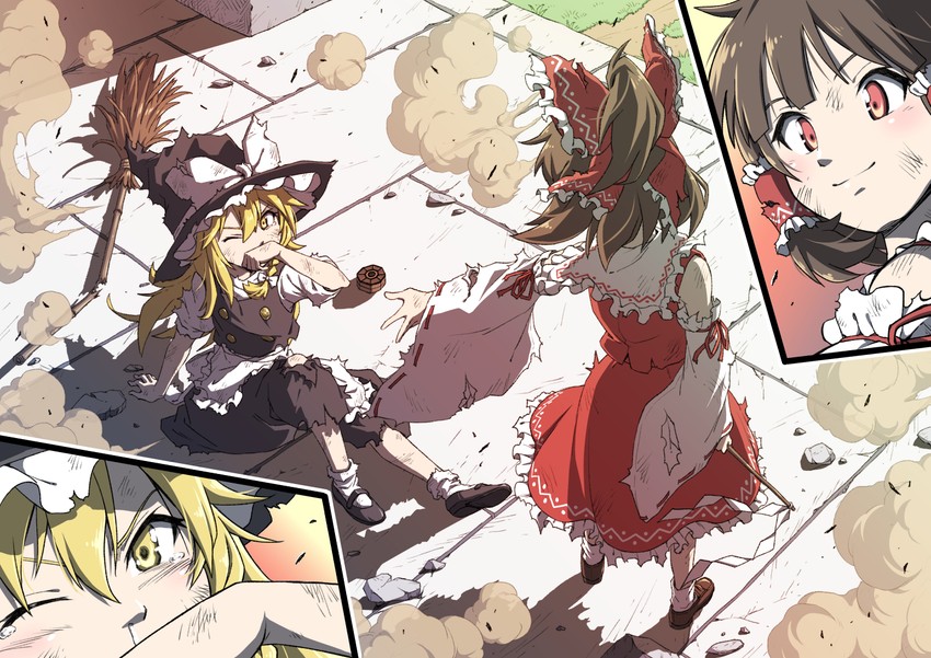 hakurei reimu and kirisame marisa (touhou) drawn by inuno_rakugaki