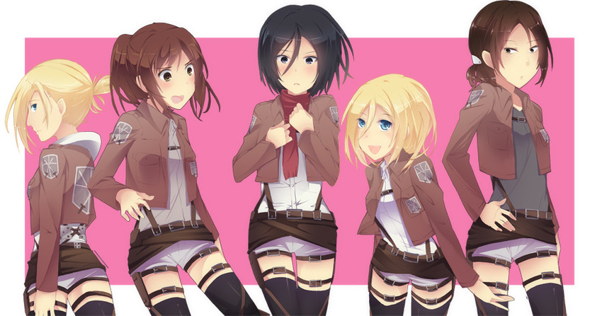mikasa ackerman, krista lenz, ymir, annie leonhart, and sasha blouse (shingeki no kyojin) drawn by bluesnuggle