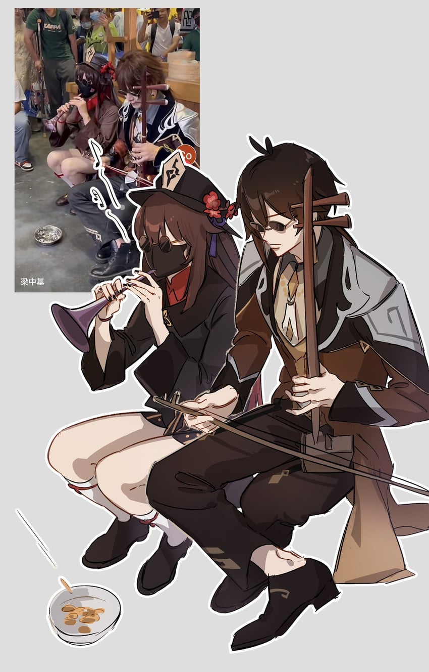 hu tao and zhongli (genshin impact) drawn by shishamo_(4731)