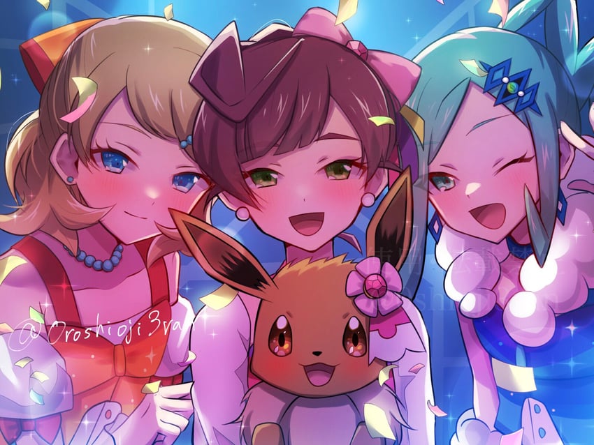 eevee, serena, lisia, and chloe (pokemon and 1 more) drawn by 0roshioji3ran