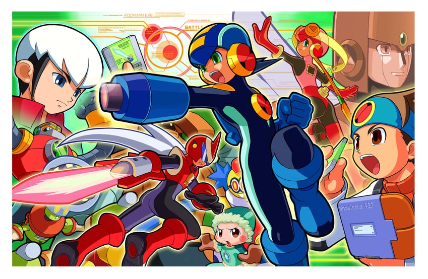 lan hikari, roll.exe, eugene chaud, gutsman.exe, numberman.exe, and 4 more (mega man and 3 more)