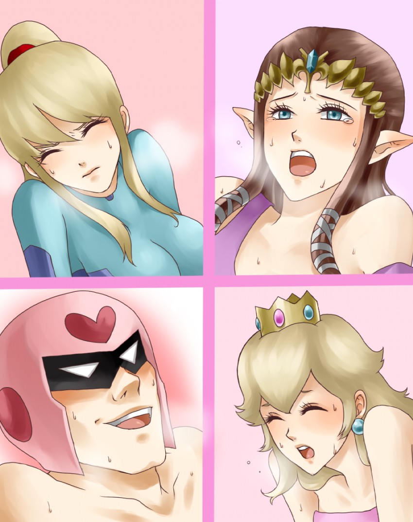 princess zelda, princess peach, samus aran, and captain falcon (the legend of zelda and 5 more) drawn by wasabi_(legemd)