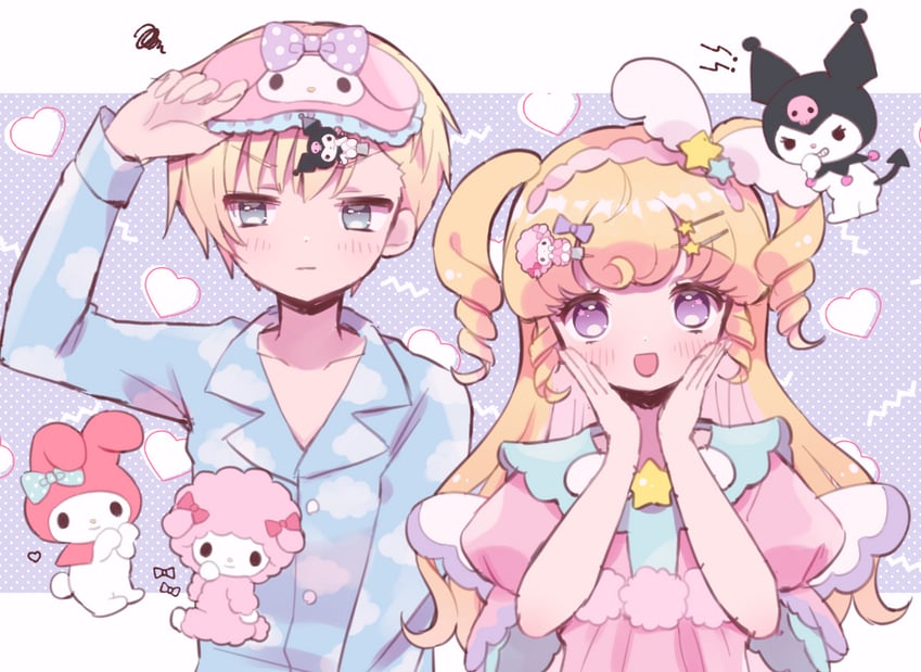 my melody, kuromi, yumekawa yui, yumekawa shogo, and my sweet piano (pretty series and 4 more) drawn by hoshikuzu_(pinkholic)