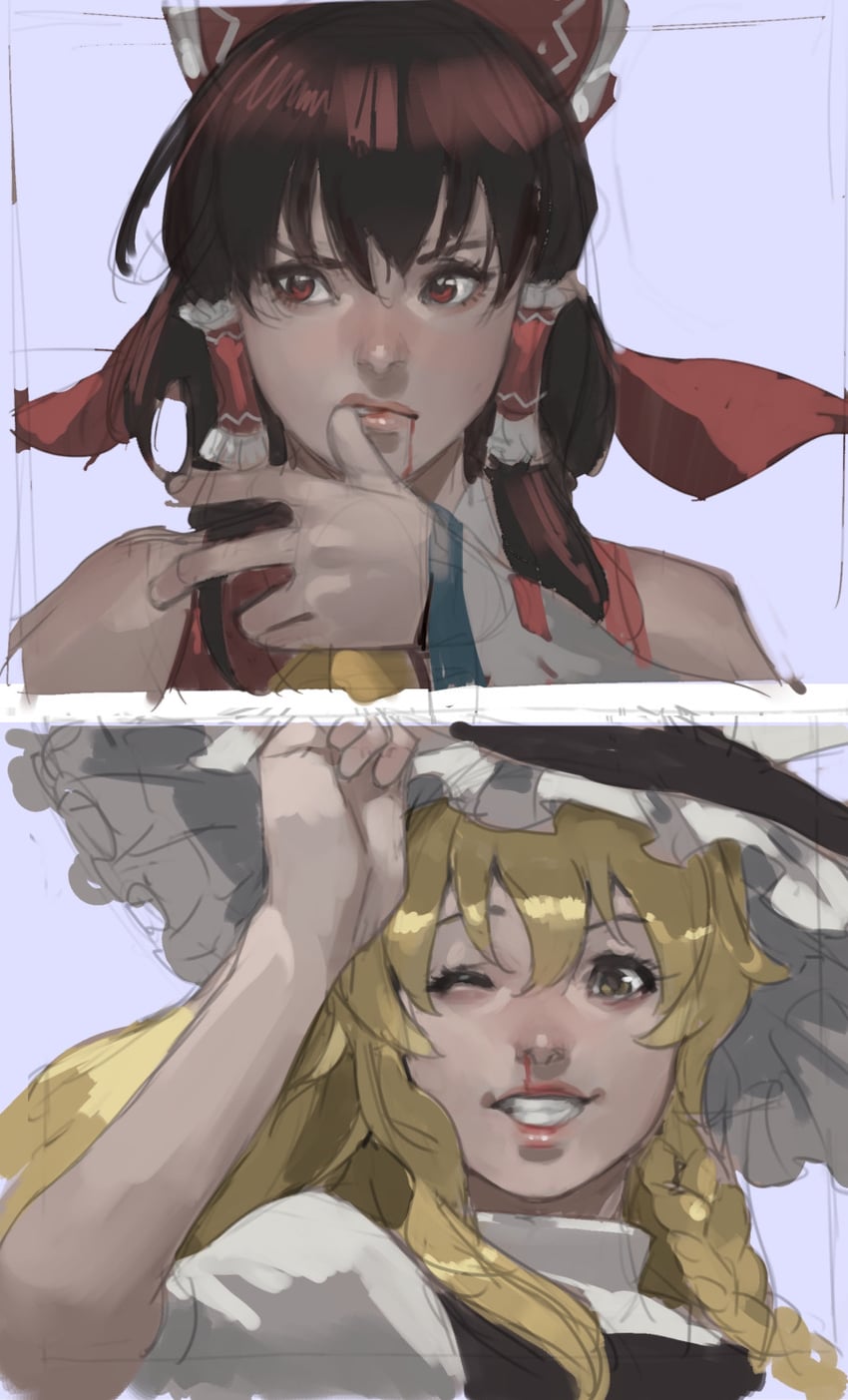 hakurei reimu and kirisame marisa (touhou and 1 more) drawn by junny