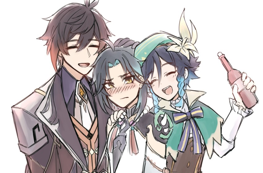 zhongli, venti, and xiao (genshin impact) drawn by eichi_kun