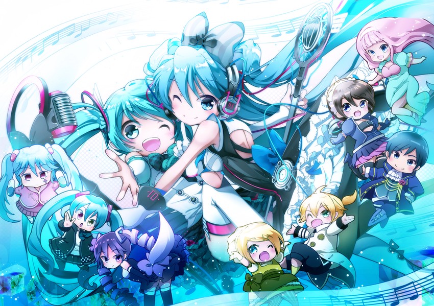 hatsune miku, kagamine rin, kagamine len, megurine luka, magical mirai miku, and 2 more (vocaloid and 6 more) drawn by minami_mofuko