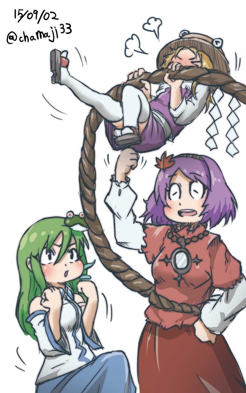 kochiya sanae, moriya suwako, yasaka kanako, and pyonta (touhou) drawn by chamaji