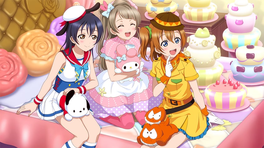 sonoda umi, minami kotori, kosaka honoka, my melody, pochacco, and 1 more (love live! and 4 more)