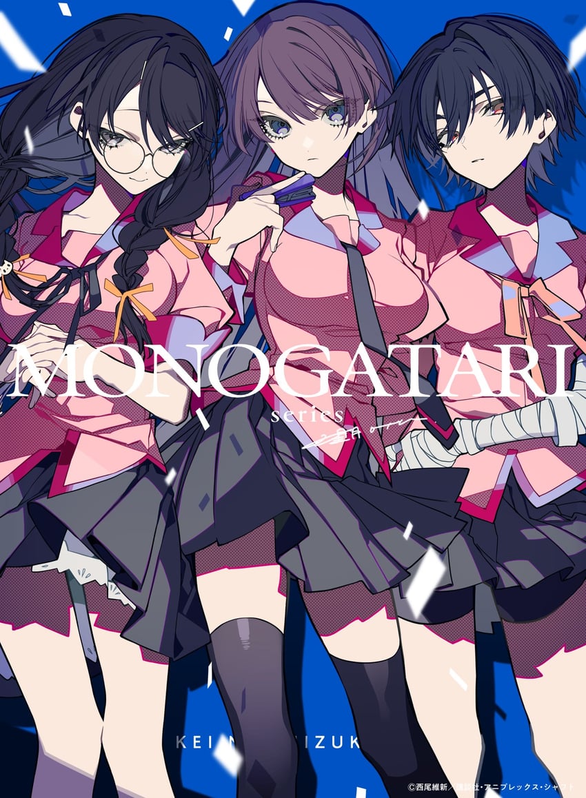 senjougahara hitagi, hanekawa tsubasa, and kanbaru suruga (monogatari) drawn by mochizuki_kei