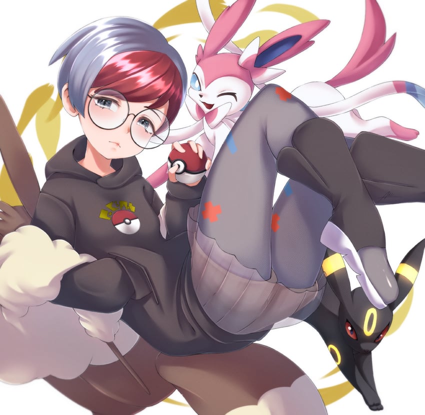sylveon, umbreon, and penny (pokemon and 1 more) drawn by aki-