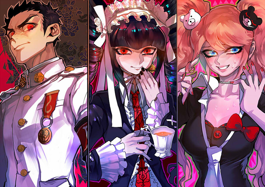 enoshima junko, celestia ludenberg, and ishimaru kiyotaka (danganronpa and 1 more) drawn by dugong_(jinjuok0909)