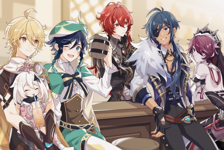 aether, venti, paimon, diluc, kaeya, and 1 more (genshin impact) drawn by mizuamememe