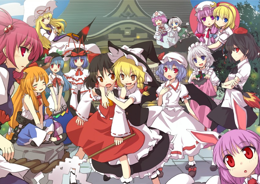 hakurei reimu, kirisame marisa, remilia scarlet, izayoi sakuya, konpaku youmu, and 10 more (touhou and 1 more) drawn by doriruman