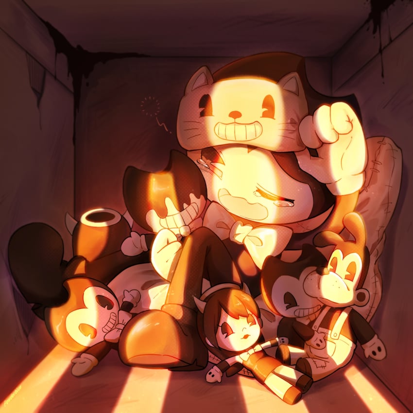 bendy, alice angel, and boris the wolf (bendy and the ink machine) drawn by powderblue_lan