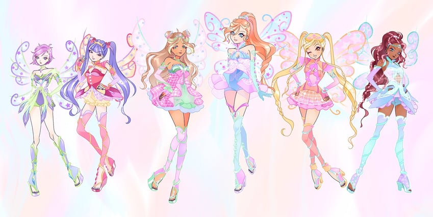 bloom, stella, flora, musa, tecna, and 1 more (winx club) drawn by chocofish