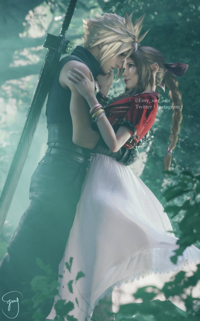 cloud strife and aerith gainsborough (final fantasy and 2 more) drawn by emy-san