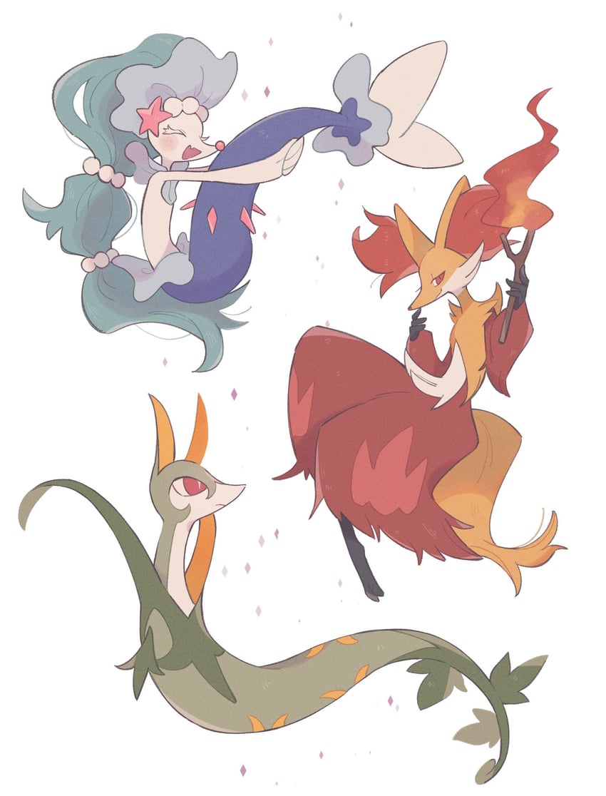 primarina, serperior, and delphox (pokemon) drawn by hime_(himetya105)