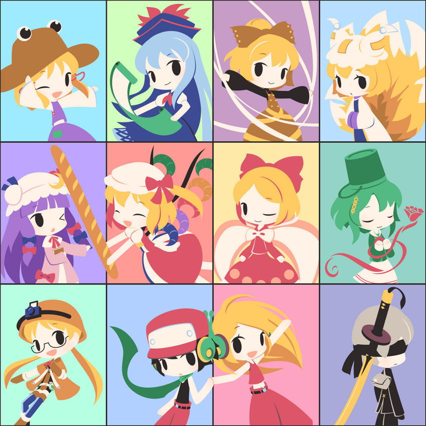 flandre scarlet, patchouli knowledge, yakumo ran, moriya suwako, kamishirasawa keine, and 7 more (touhou and 5 more) drawn by cobalta