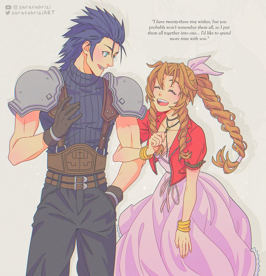 aerith gainsborough and zack fair (final fantasy and 2 more) drawn by sarafabrizi