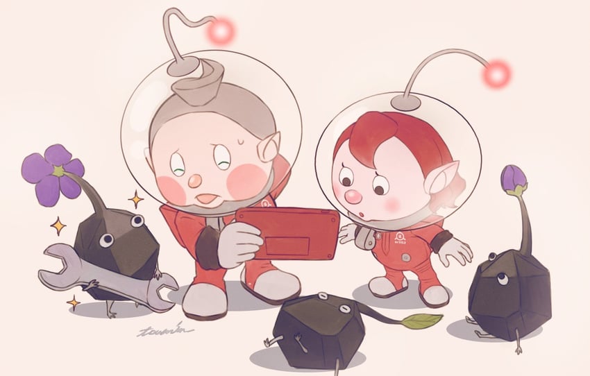 rescue officer, rock pikmin, and collin (pikmin and 1 more) drawn by toumin_(touminmin1026)