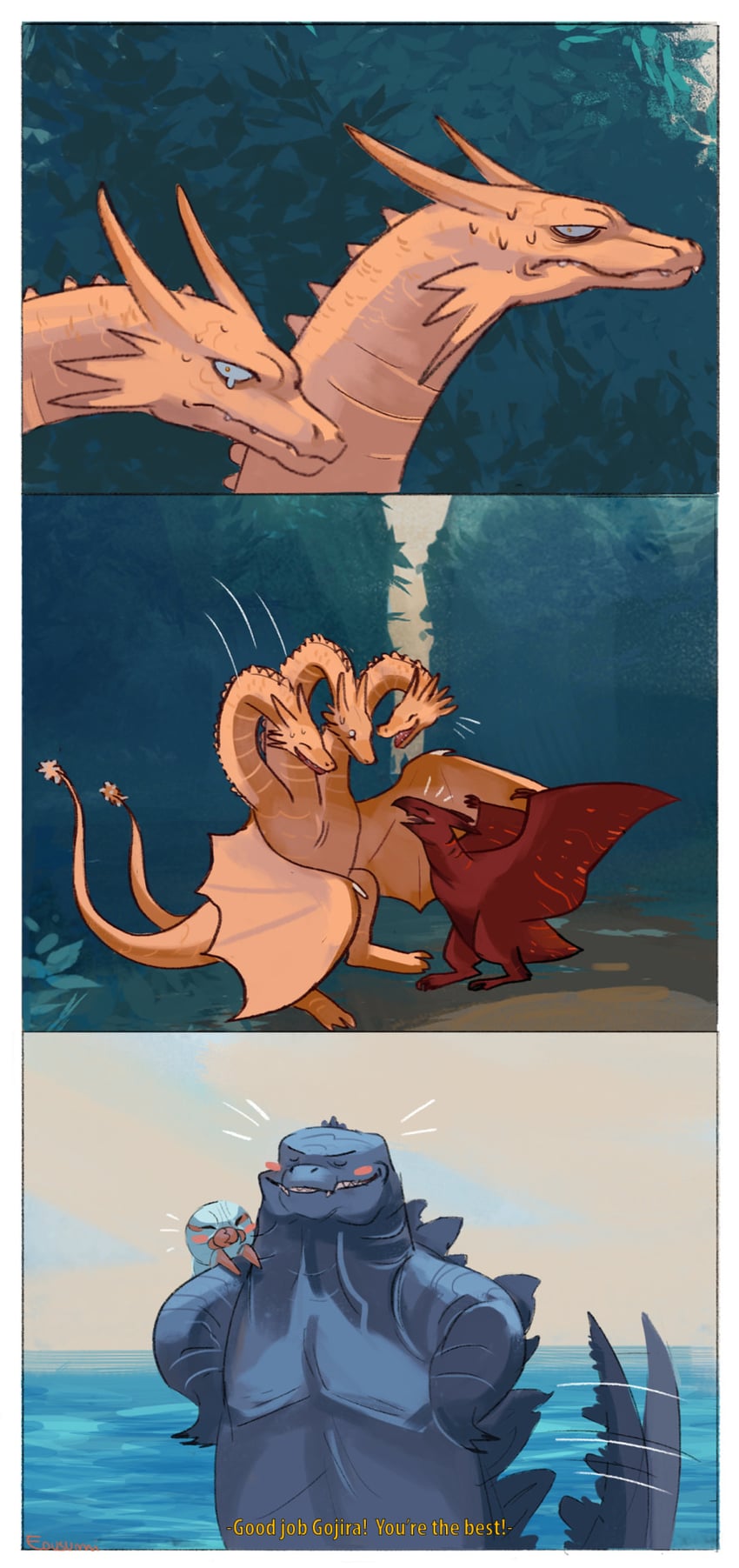 godzilla, king ghidorah, mothra, and rodan (godzilla and 2 more) drawn by eousumi