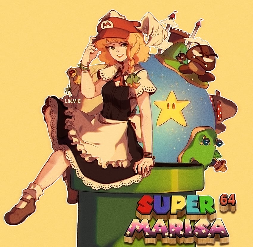 kirisame marisa, goomba, bob-omb, and pokey (touhou and 2 more) drawn by pixie_(milkywaypixies)