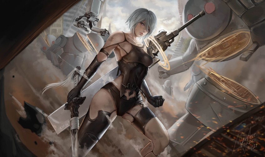 pod, a2, and machine (nier and 1 more) drawn by meister_staze