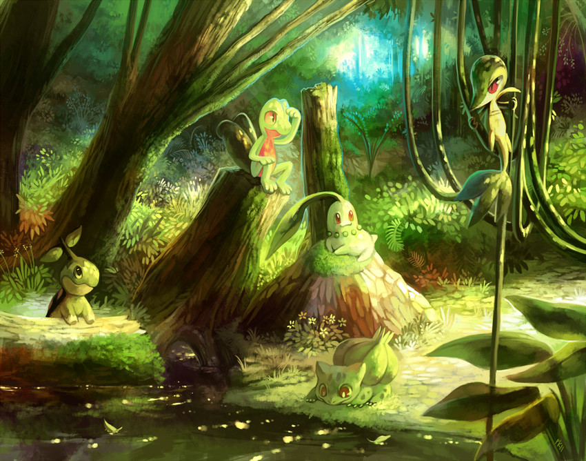 bulbasaur, snivy, chikorita, treecko, and turtwig (pokemon) drawn by glitchedpuppet