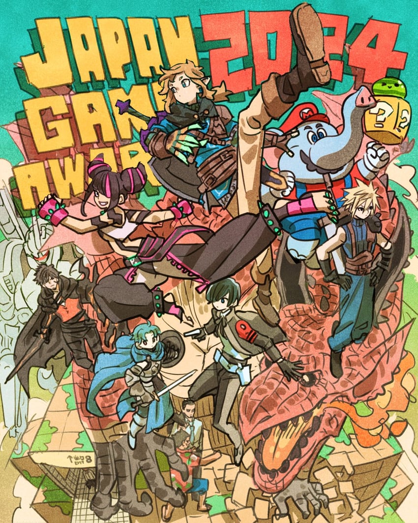 link, cloud strife, mario, yuuki makoto, han juri, and 6 more (final fantasy and 23 more) drawn by takeuchi_ryousuke