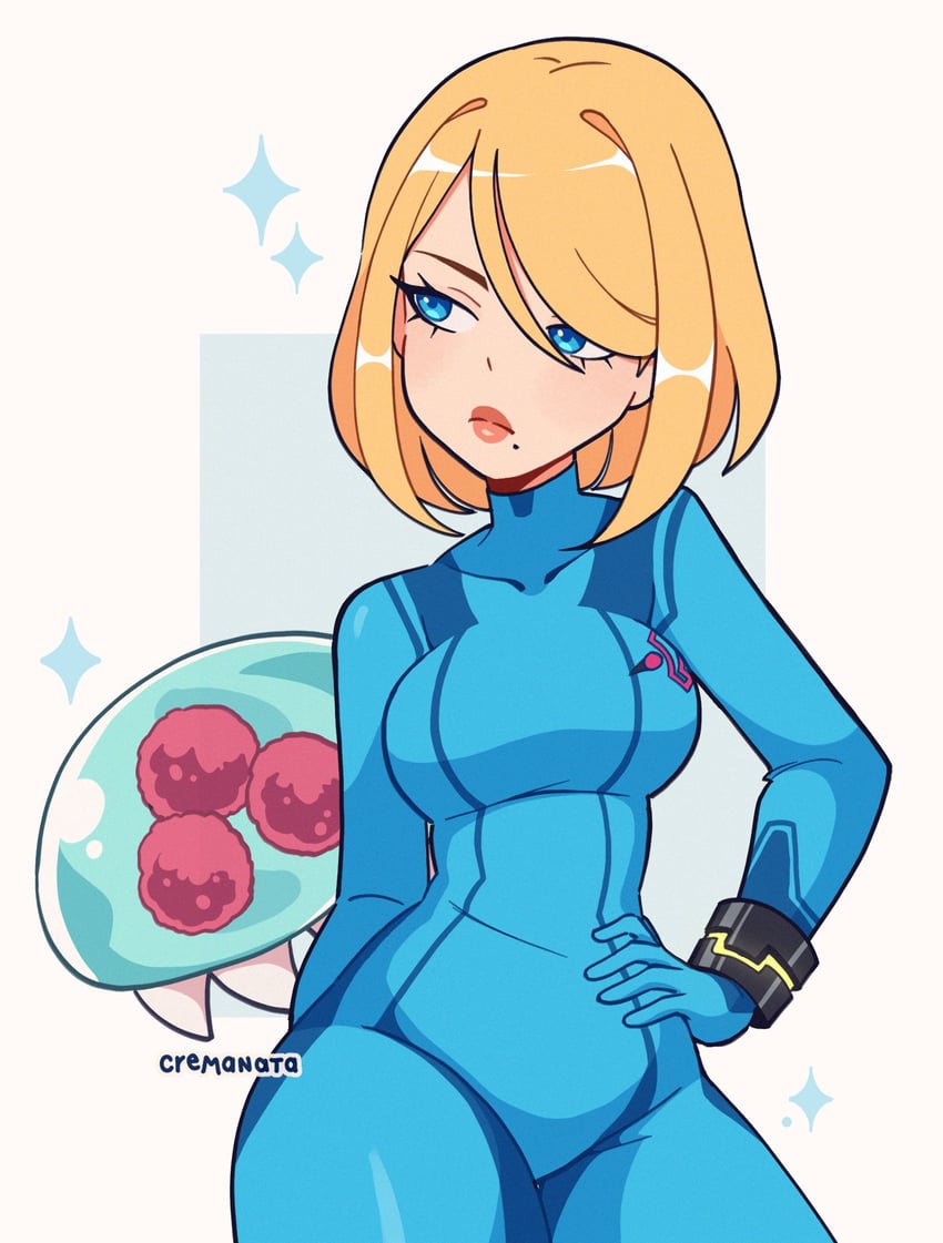 samus aran, metroid, and metroid larva (metroid) drawn by cremanata