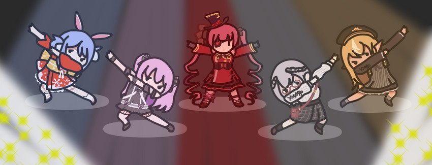 houshou marine, usada pekora, shirogane noel, uruha rushia, and shiranui flare (hololive) drawn by yuusachii