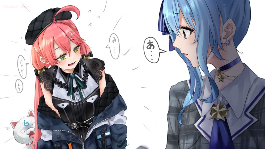 hoshimachi suisei, sakura miko, and 35p (hololive) drawn by yuzuno_wagiri
