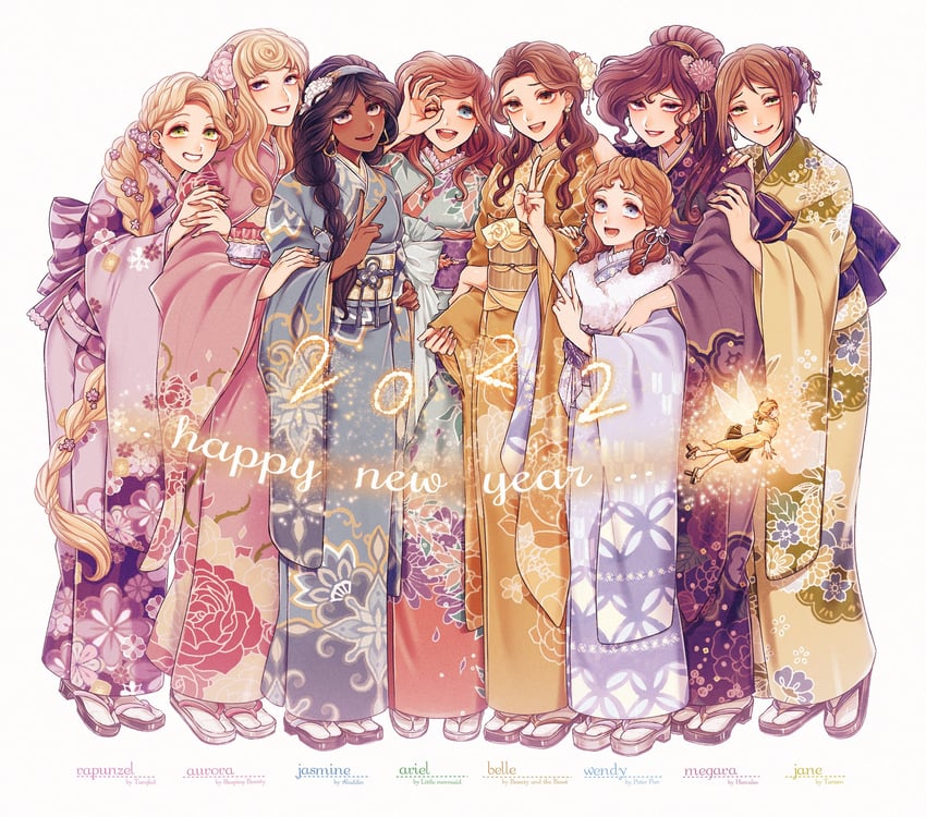 ariel, rapunzel, jasmine, belle, tinker bell, and 4 more (disney and 9 more) drawn by mizala