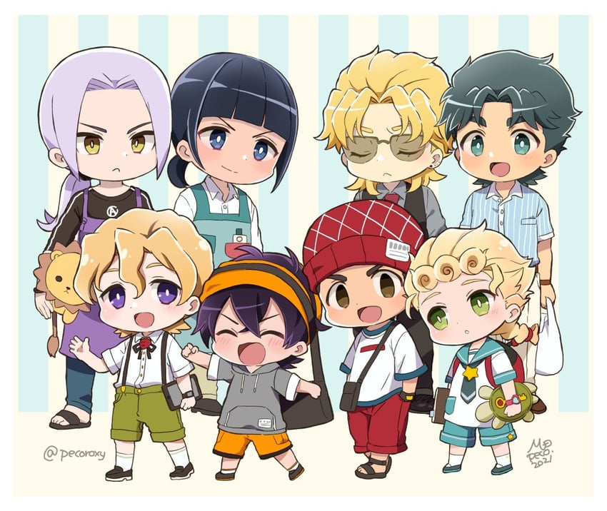 dio brando, giorno giovanna, jonathan joestar, bruno bucciarati, guido mista, and 4 more (jojo no kimyou na bouken and 1 more) drawn by morino_peko
