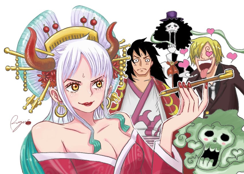 sanji, yamato, brook, and kouzuki momonosuke (one piece) drawn by apple7apo