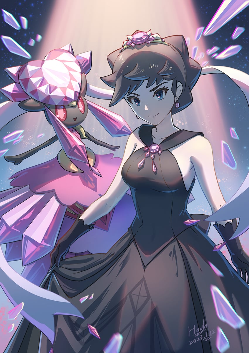 diantha, diancie, and mega diancie (pokemon and 1 more) drawn by hooh_lin