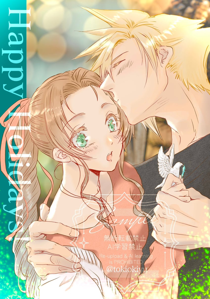 cloud strife and aerith gainsborough (final fantasy and 1 more) drawn by tokiokiyu