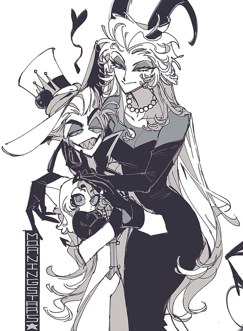 lucifer morningstar, charlie morningstar, and lilith (hazbin hotel) drawn by ssamesum