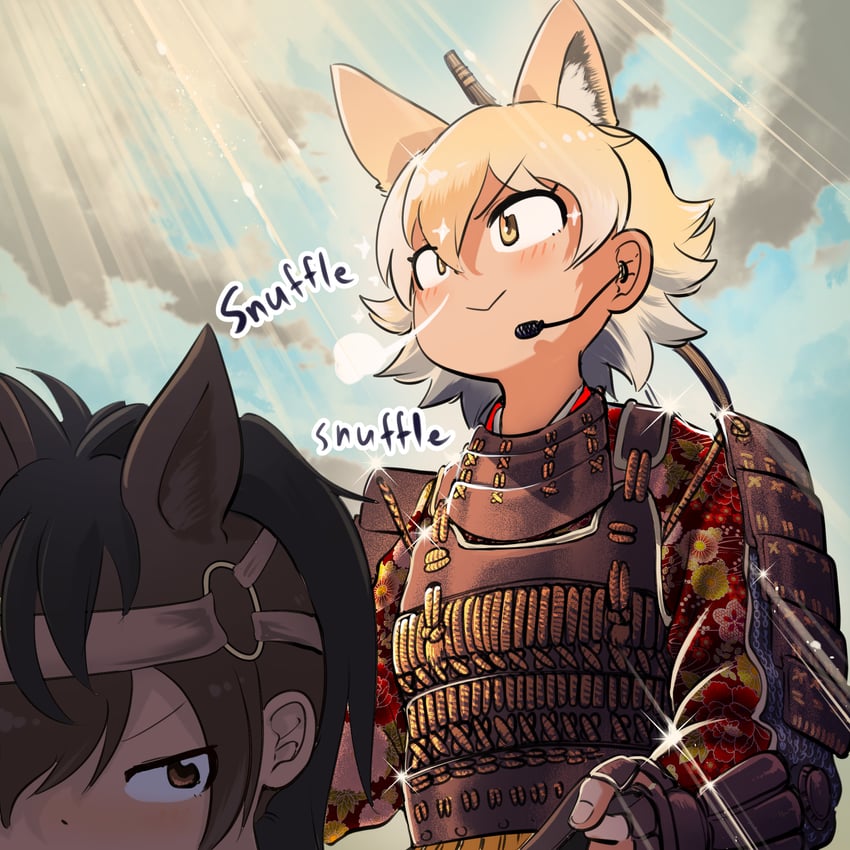 coyote and brown thoroughbred (kemono friends and 1 more) drawn by mcgunngu