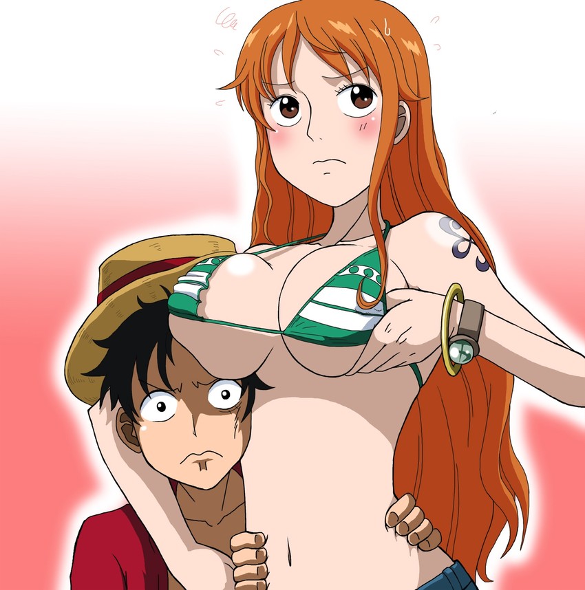 nami and monkey d. luffy (one piece) drawn by takaya_n
