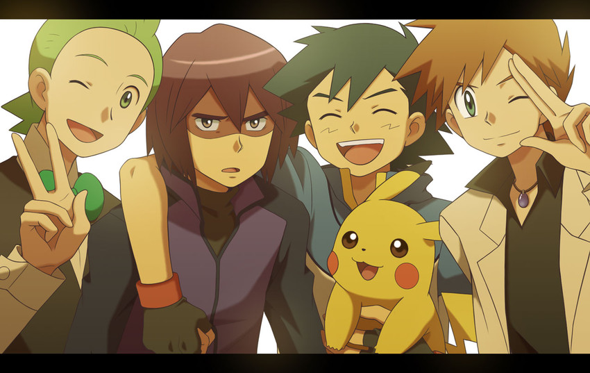 pikachu, ash ketchum, cilan, gary oak, and paul (pokemon and 2 more) drawn by cyaneko