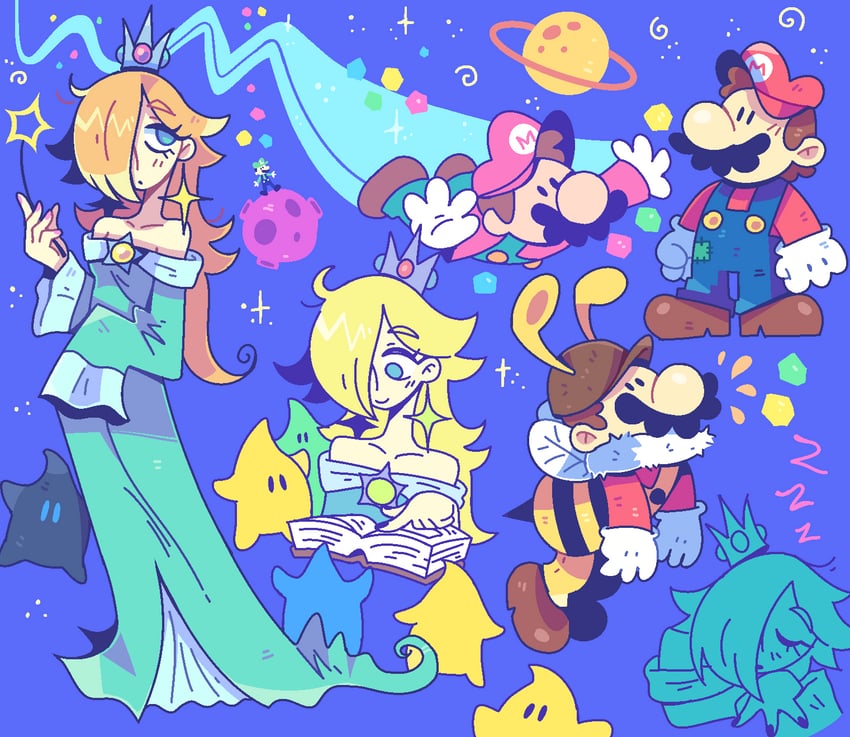 mario, rosalina, luigi, luma, blue luma, and 3 more (mario and 1 more) drawn by graskip