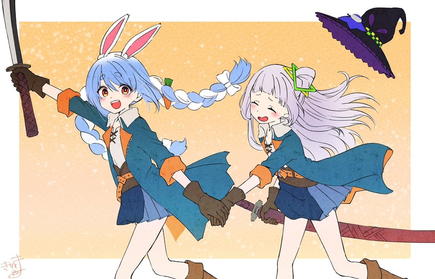 usada pekora and murasaki shion (hololive) drawn by kiritoma